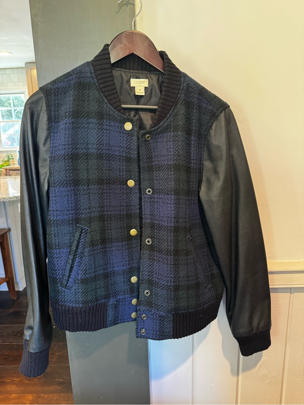 J. Crew Navy and Black Plaid Wool Bomber Jacket with Black Leather Sleeves